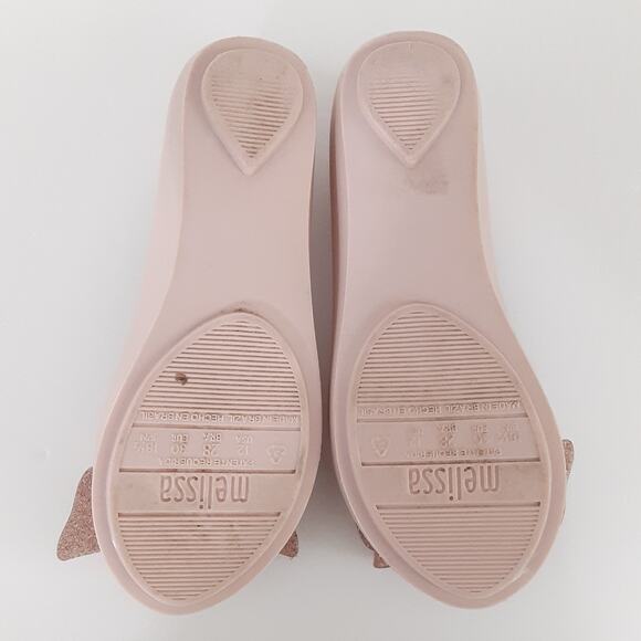 Mini Melissa Girls 12 UltraGel Bow Flats Rose Gold Glitter Ballet Flats Pink - Picture 8 of 11